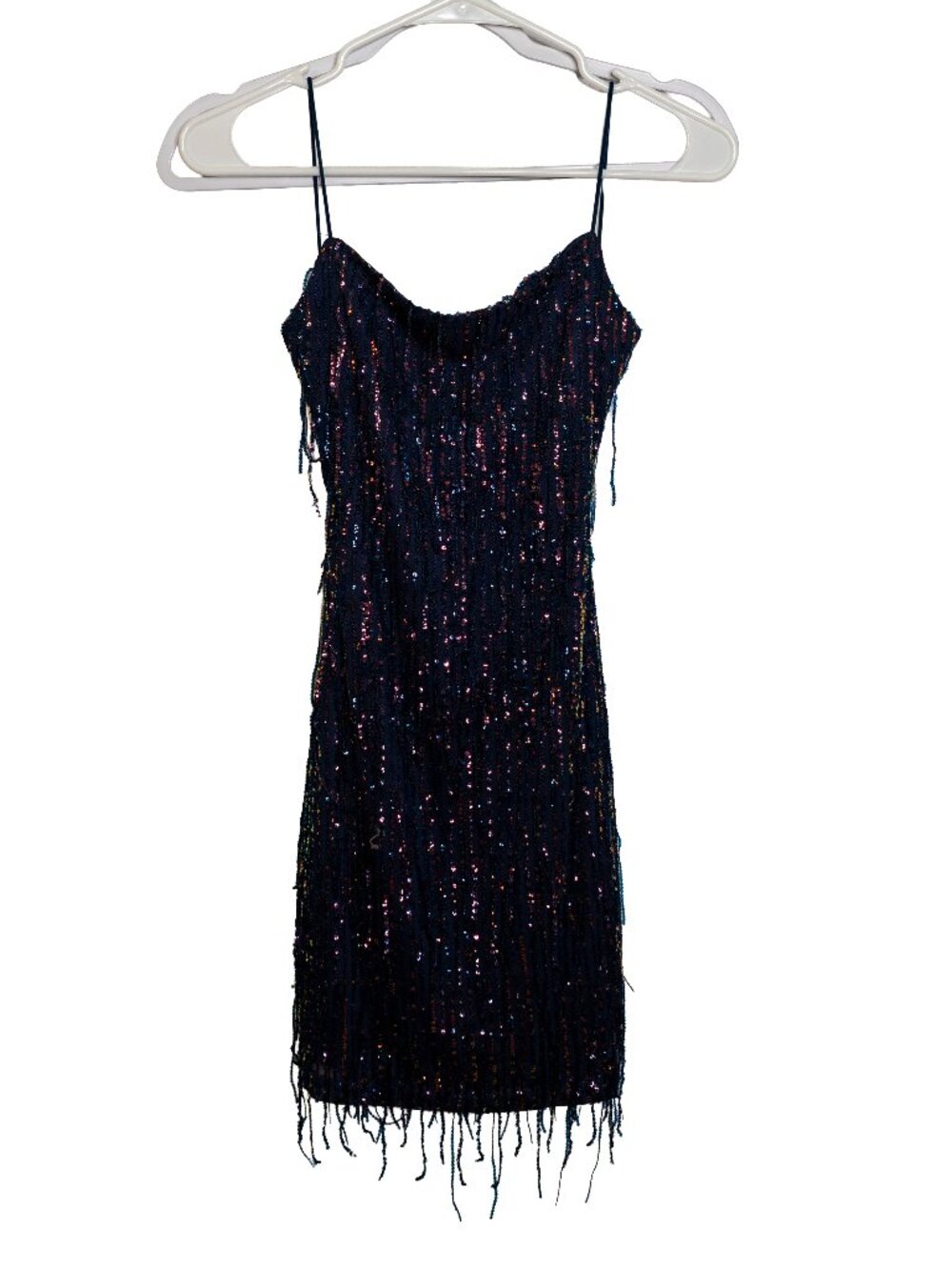 Windsor Navy Sequin Tassel Fringe Open Back Mini Dress - Junior's Small
